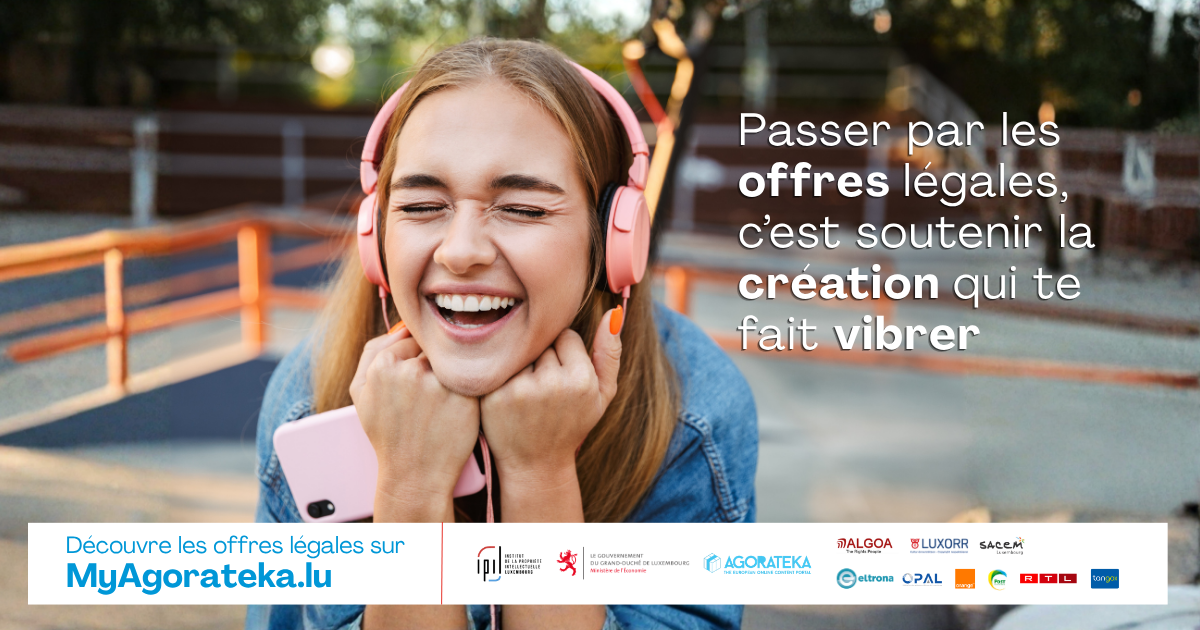 Image illustrant un slogan qui fait la promotion du site MyAgorateka.lu - Passer par les offres légales, c'est soutenir la création qui te fait vibrer.